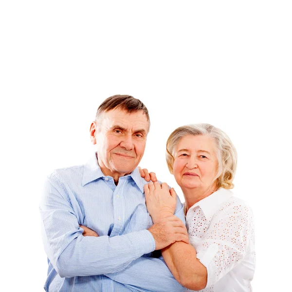 Szczęśliwa i uśmiechnięta para starszy w miłość na białym tle — Zdjęcie stockowe