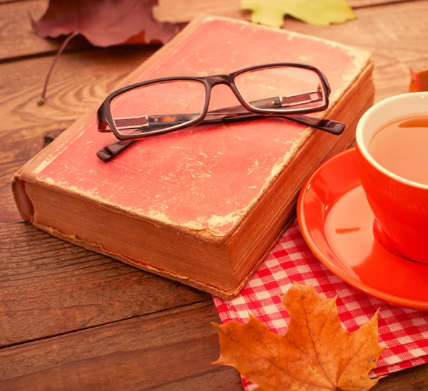 Autumn leaves, book and cup of tea on wooden table in studio — Stock Photo, Image