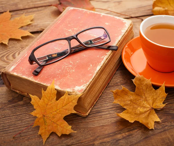 Autumn leaves, book and cup of tea on wooden table in studio — Stock Photo, Image