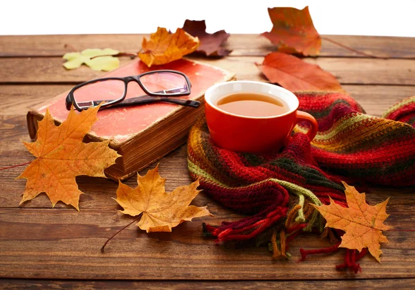 Hojas de otoño, libro y taza de té sobre mesa de madera en estudio — Foto de Stock