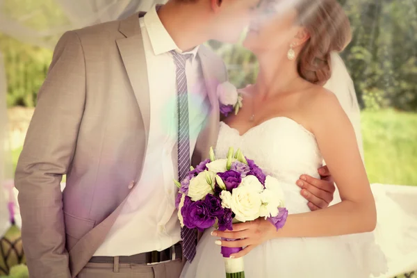 Wedding couple bride and groom holding hands. — Stock Photo, Image