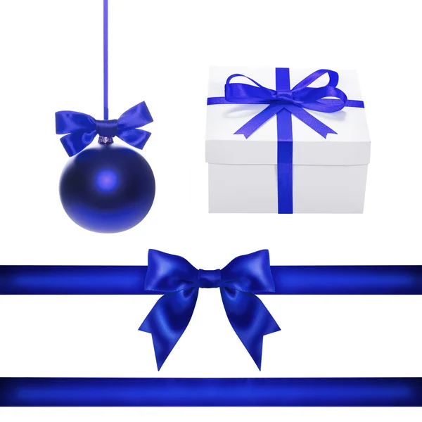 Set for design. Blue Christmas ball, ribbon, bow, gift box — Stock Photo, Image