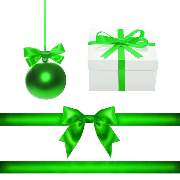 Sada pro design. Zelená vánoční koule, stuha, luk, krabičky — Stock fotografie