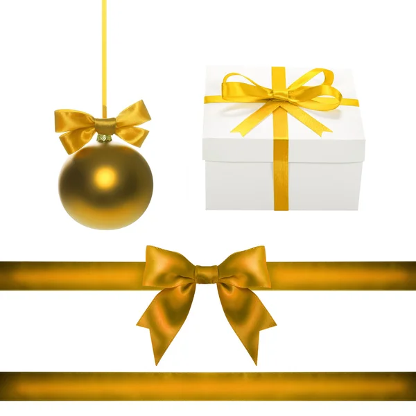 Set für Design. Gold Weihnachtskugel, Schleife, Schleife, Geschenkbox — Stockfoto