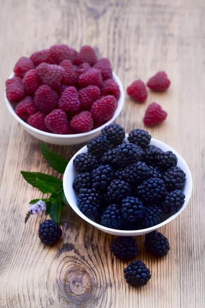 Schalen voller Sommerbeeren wie Himbeeren und Brombeeren. — Stockfoto