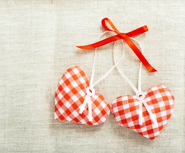 Heart made of cloth in red cell handmade Valentines Day — Stock Photo, Image