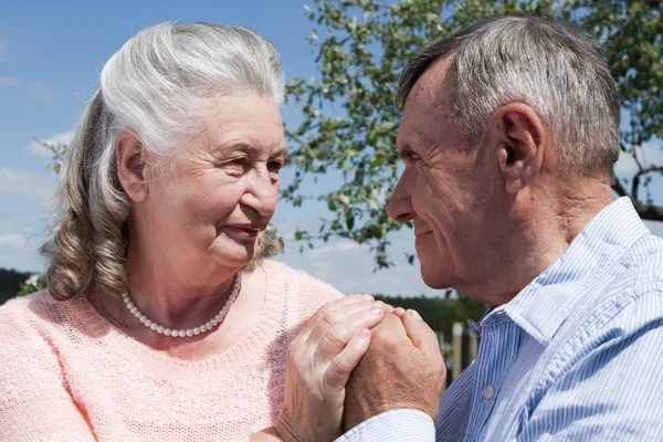 Pareja mayor abrazándose en el campo — Foto de Stock