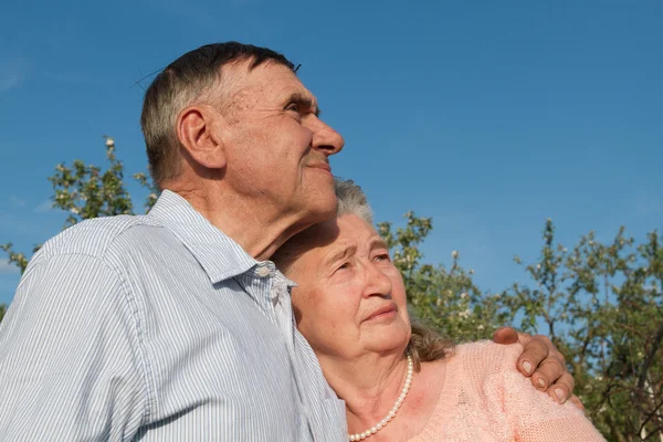 Seniorenpaar umarmt sich auf dem Land — Stockfoto