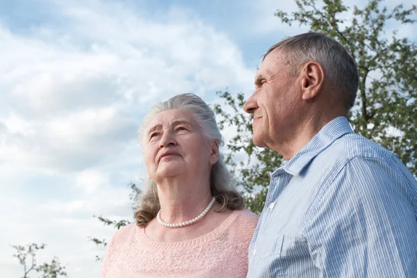 Pareja mayor abrazándose en el campo — Foto de Stock