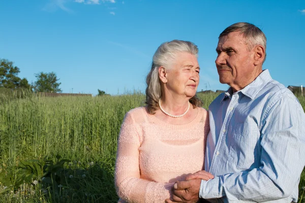 Seniorenpaar umarmt sich auf dem Land — Stockfoto