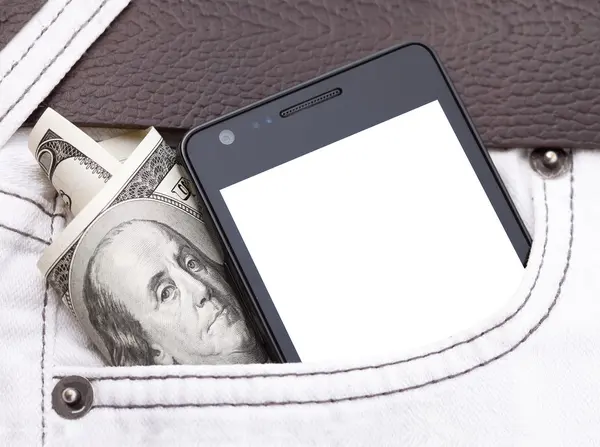 Teléfono en el bolsillo que muestra la pantalla blanca. Dólares . — Foto de Stock