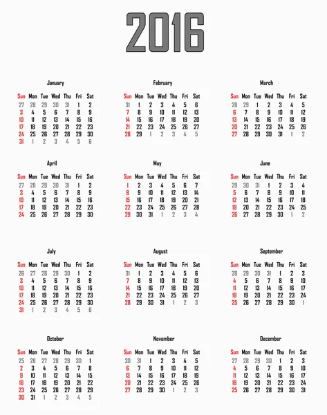 Calendario para 2016 — Vector de stock