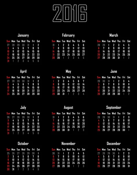 Calendario para 2016 — Vector de stock