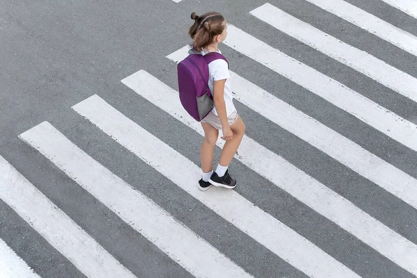 Uma Estudante Atravessar Estrada Caminho Escola Trânsito Zebra Caminha Cidade — Fotografia de Stock