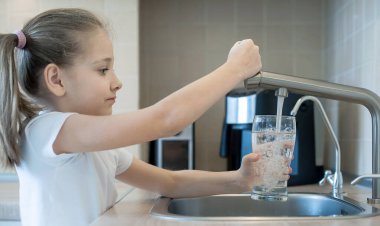 Little child open water tap. Kitchen faucet. Glass of clean water. Pouring fresh drink. Hydration. Healthy lifestyle. Good habit. Water quality check. World water monitoring day. Plastic free concept clipart