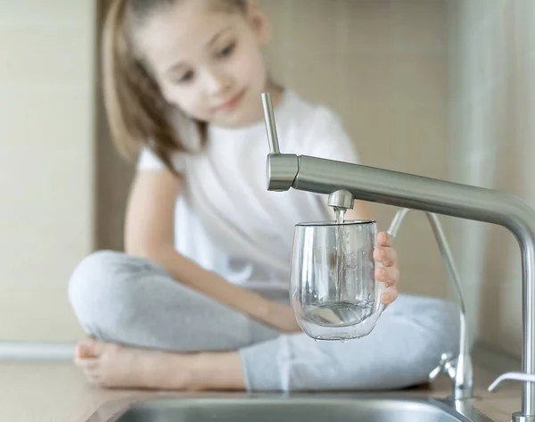 Little Child Drinking Fresh Pure Tap Water Glass Water Being Stock Photo