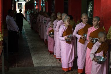 YANGON, MYANMAR - 12020 OCAK: Pembe cüppeli genç rahipler sabah yemeklerini Swe Taw Myat Pagoda yakınlarındaki kaselerinde yemek için sıraya giriyorlar