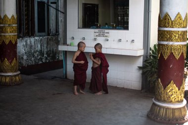 YANGON, MYANMAR - 12020 OCAK: Geleneksel kırmızı cüppeli iki genç keşiş Swe Taw Myat Pagoda 'da bir arada duruyorlar