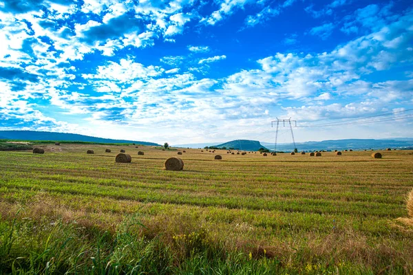 Terra Agrícola Com Rolos Feno Seco Céu Azul Com Nuvens — Fotografia de Stock