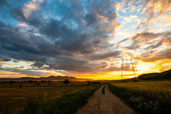 Ciel Couchant Avec Des Nuages Sur Champ Blé — Photo