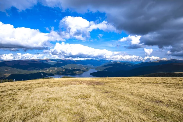 Mountains Landscape Rural Meadow River Background Blue Sky Clouds — Stock Photo, Image