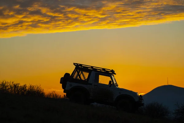 Sunset View Roader Car Mountains Travel Concept — Stock Photo, Image