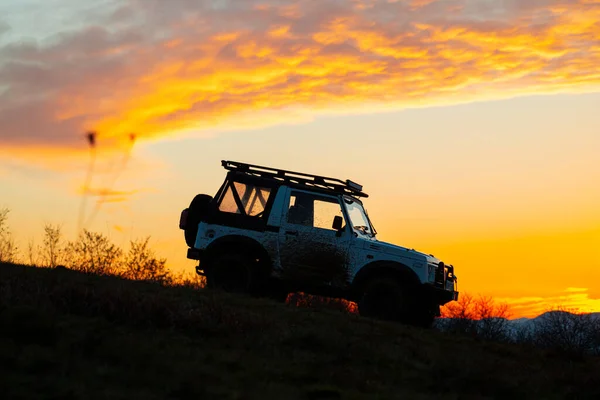 Sunset View Roader Car Mountains Travel Concept — Stock Photo, Image