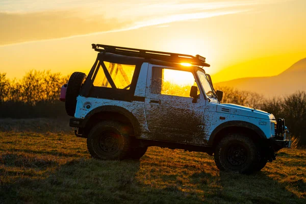 Sunset View Roader Car Mountains Travel Concept — Stock Photo, Image