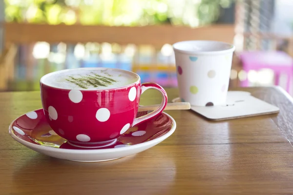 Matcha Latte Cup of green tea on wooden — Stock Photo, Image