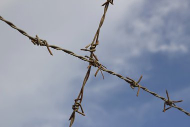 Mavi gökyüzü arka planında dikenli tel