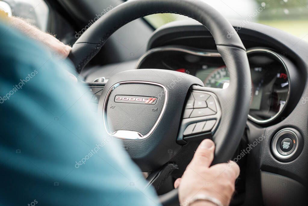 Gaspesie, Quebec, Canada - June 17, 2018: Close-up of the steering wheel of a 2017 Dodge Durango rental.
