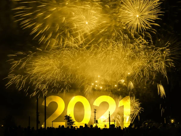 Felice Anno Nuovo 2021 Carta Uno Sfondo Fuochi Artificio Oro — Foto Stock