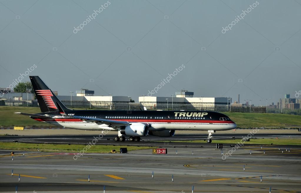 New York, USA - September 17, 2015: Boeing 757 jet airplane bearing the logo of Donald Trump takes off from laguardia, New York City