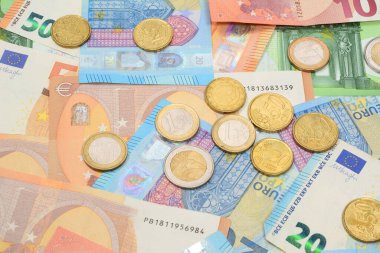 Avro paraları ve farklı değerdeki banknotlar. Özgeçmiş ve doku için çeşitli Euro para birimleri. Litvanya nakit parası üst görünüm 3.