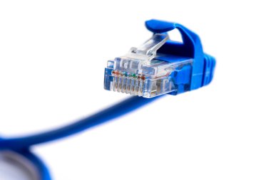 Ağ LAN ethernet bağlantısı için mavi yama kablosunda bağlantı rj-45. Yılan şeklinde tıkaç. Beyaz arkaplanda izole edilmiş makroyu kapat.