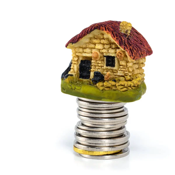 Small Cute Toy House Column Coins Concept Accumulating Money Mortgage Stock Image