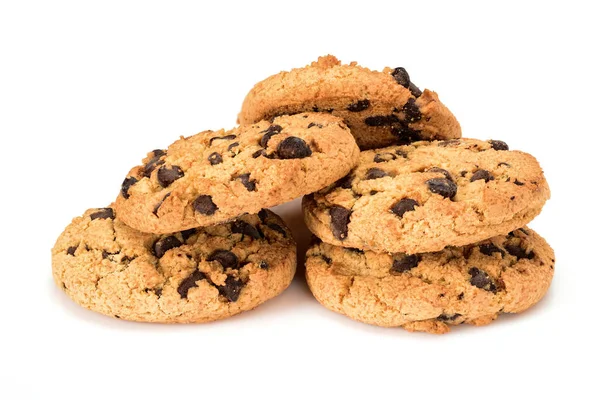 stock image Homemade cookies. Five sweet cookies with chocolate chips. Tasty biscuit in high resolution close up, isolated on white background with small shadows. Homemade bakery.