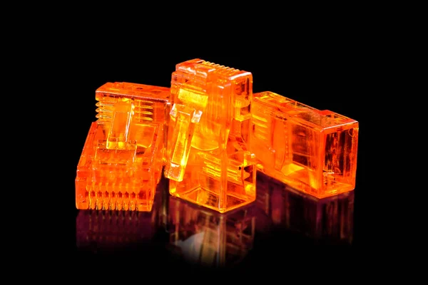 Connector Four Orange Transparent Connectors Rj45 Network Internet Close Macro — Stock Photo, Image