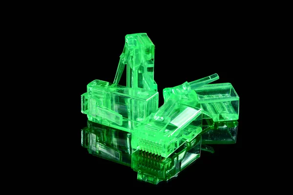 Conector Quatro Conectores Transparentes Verdes Neon Rj45 Para Rede Internet — Fotografia de Stock