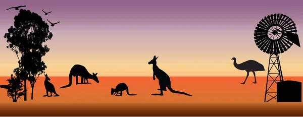Australian Animals Canguro Emu Molino Viento — Vector de stock