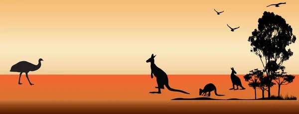 有树木和鸟儿飞翔的澳大利亚动物 有橙色前景和黄色背景的日落 描绘动物和树木的轮廓 — 图库矢量图片