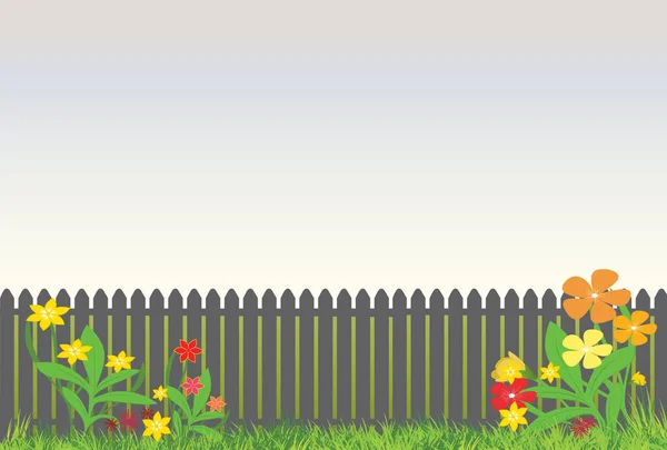 Grey Garden Fence Pretty Bright Flowers Front — Stock Vector