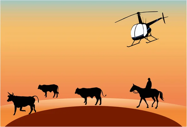 Tehenek Összegyűjtése Lóval Helikopterrel — Stock Vector