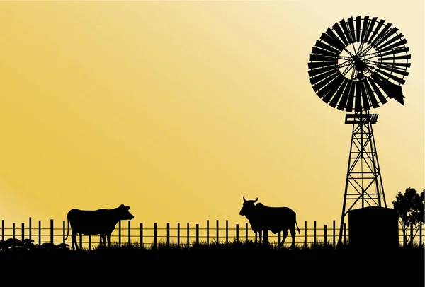 旧式风车 两头奶牛的侧影栅栏和黄色背景 — 图库矢量图片