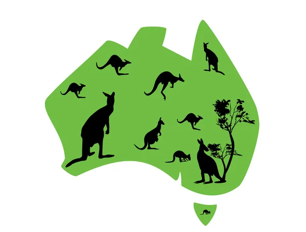 Mapa verde de Australia con un montón de canguros — Vector de stock