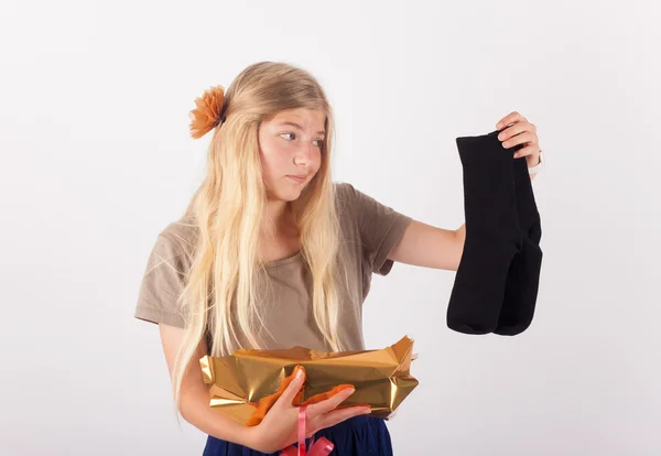 Girl Unpacked Her Present Bit Upset Because Pair Black Socks — Stock Photo, Image