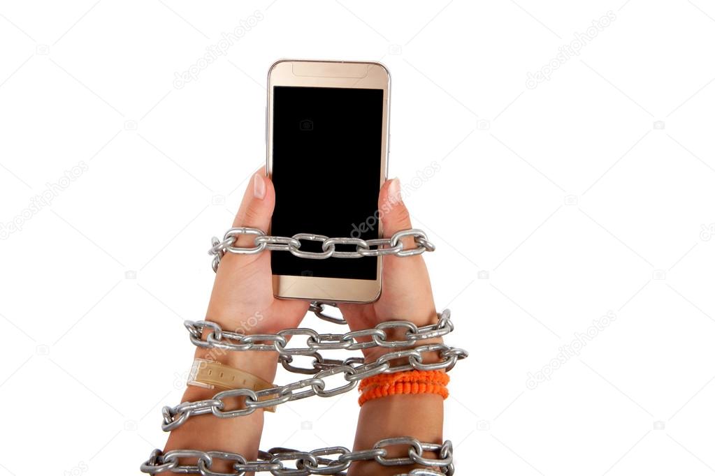 Chained hands holding a smartphone