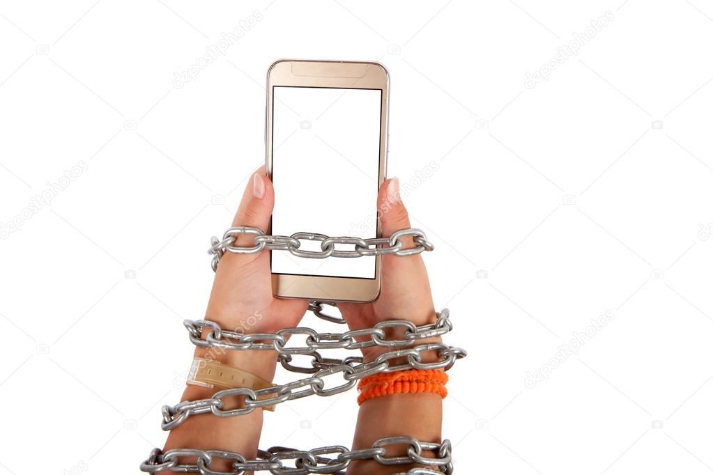 Chained hands holding a smartphone