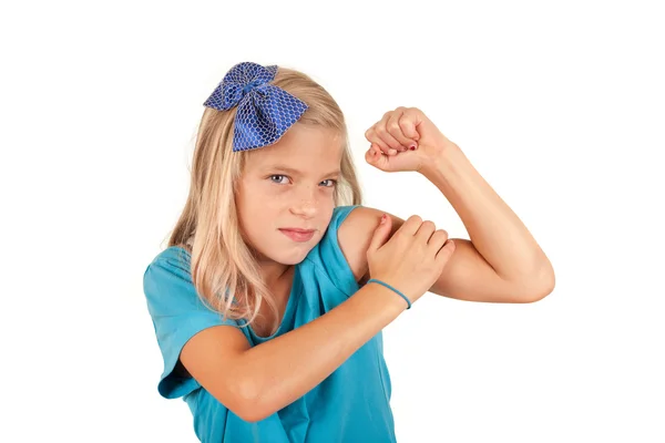 We can do it - small girl imitates the famous poster — Stock Photo, Image