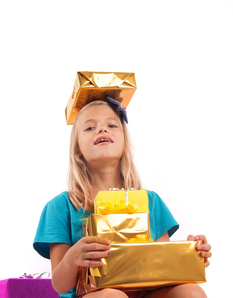 Too many gifts - spoiled kid — Stock Photo, Image